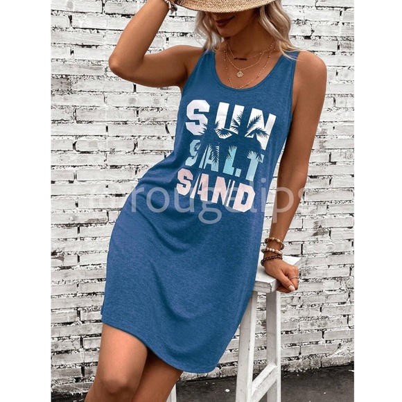 Blue Tank Mini Dress Tropical Graphic Letter Print - Picture 10 of 13